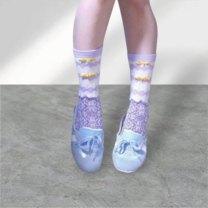 【予約】新作　パープル×イエロー　チャイナボタンカラフルメロウソックス 派手靴下 個性的 22.5〜28 女性靴下 socks - 襪子 - 其他材質 紫色