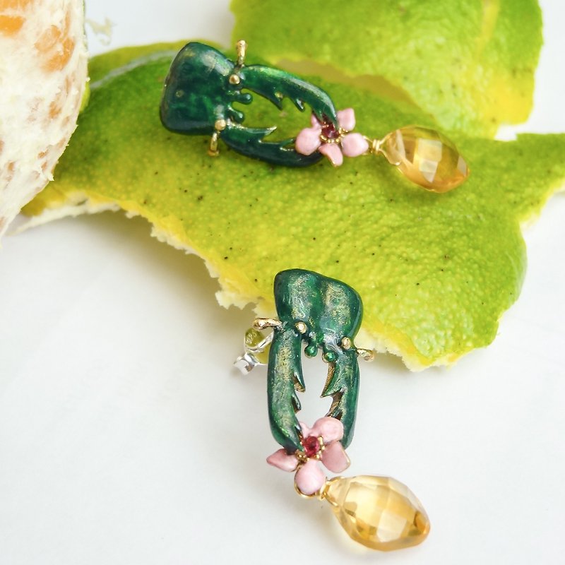 Pre-order Enamel Handmade Jewelry Enamel Beetle Diamond Citrine Earrings - Earrings & Clip-ons - Enamel Green