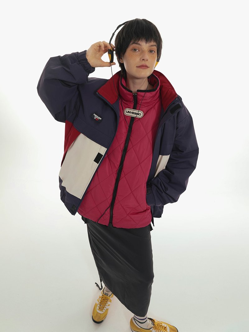 Unvesno (UN) Retro Stitching Warm Windproof Stand Collar Jacket Padded Thickened Warm CT-2183 - เสื้อโค้ทผู้ชาย - วัสดุอื่นๆ สีม่วง