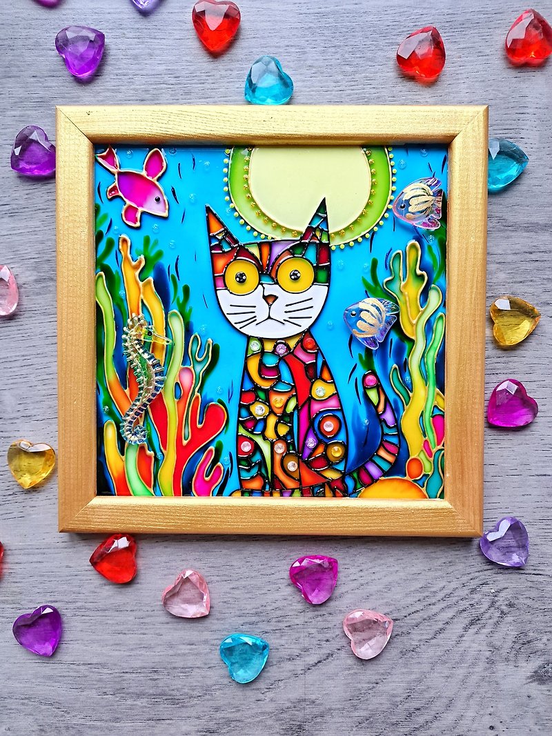 ステンドグラス絵画漫画カラフルな猫キッズルームモダンな装飾壁掛け - ウォールデコ・壁紙 - ガラス 多色