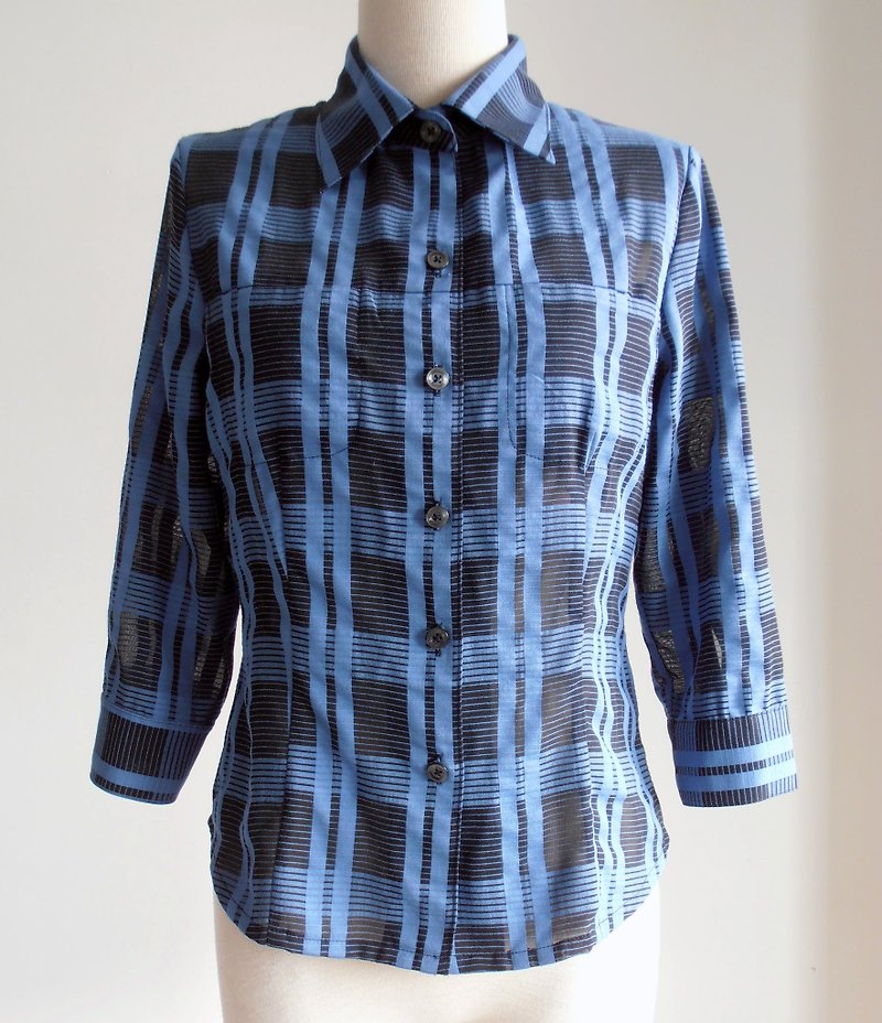 Black Bottom Blue Check Shirt 3/4 Sleeves - Women's Shirts - Other Materials Blue