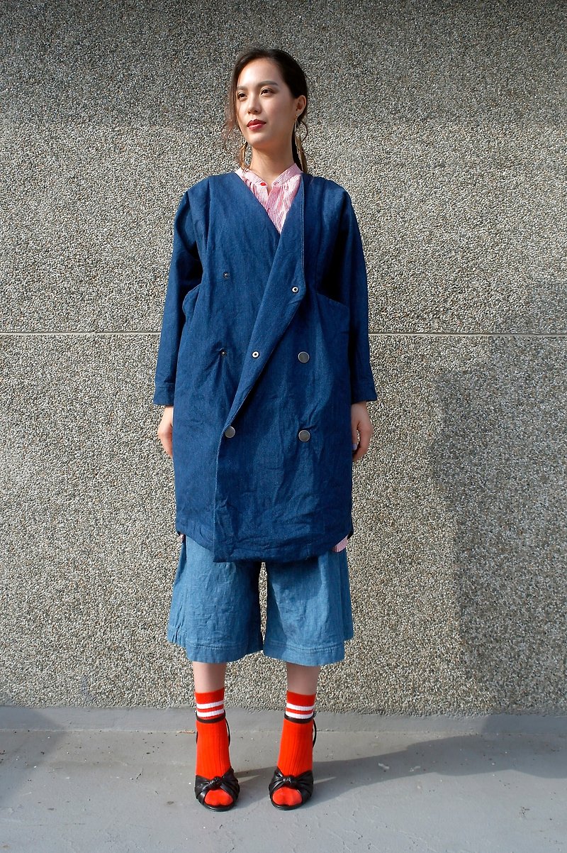Enzyme wash tannin Japanese double breasted coat - เสื้อแจ็คเก็ต - ผ้าฝ้าย/ผ้าลินิน สีน้ำเงิน