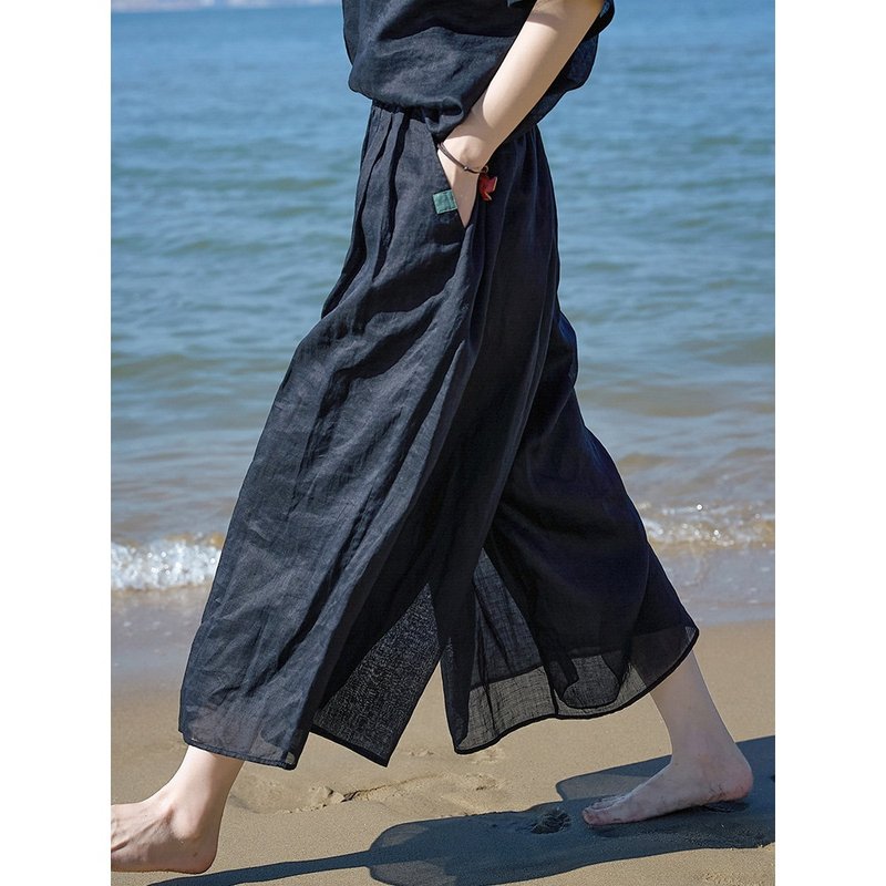 Smoked black fine linen thin and delicate elastic waist cropped skirt pants - กางเกงขายาว - ผ้าฝ้าย/ผ้าลินิน 