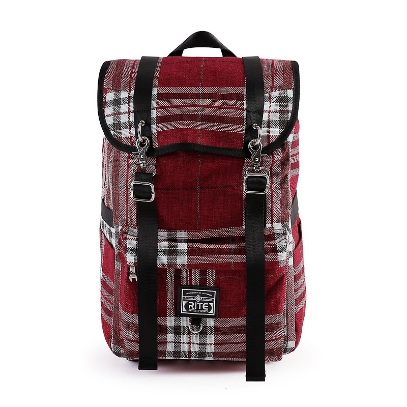 【Brand Zhou Qing - Flower Sale Sale $ 1000】 Military Bag (L) ║ Wine Red Check ║ - Backpacks - Waterproof Material Red