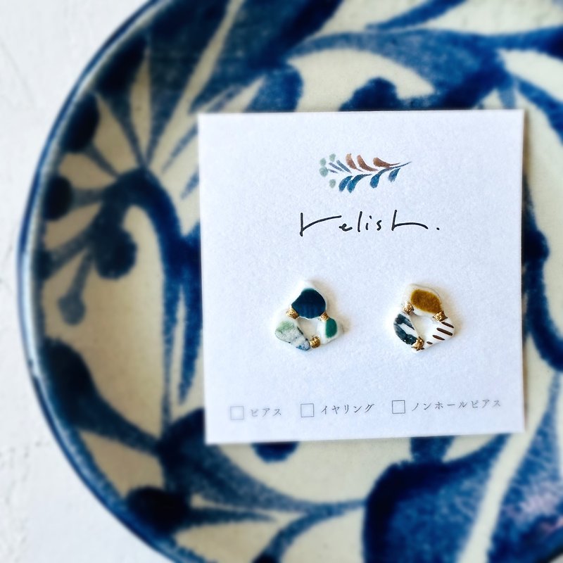 [Resale] Sea Pottery Kintsugi Hoop Earrings Non-pierced Earrings Ceramic Glass Blue Navy White Gold Green Brown - ต่างหู - ดินเผา สีน้ำเงิน