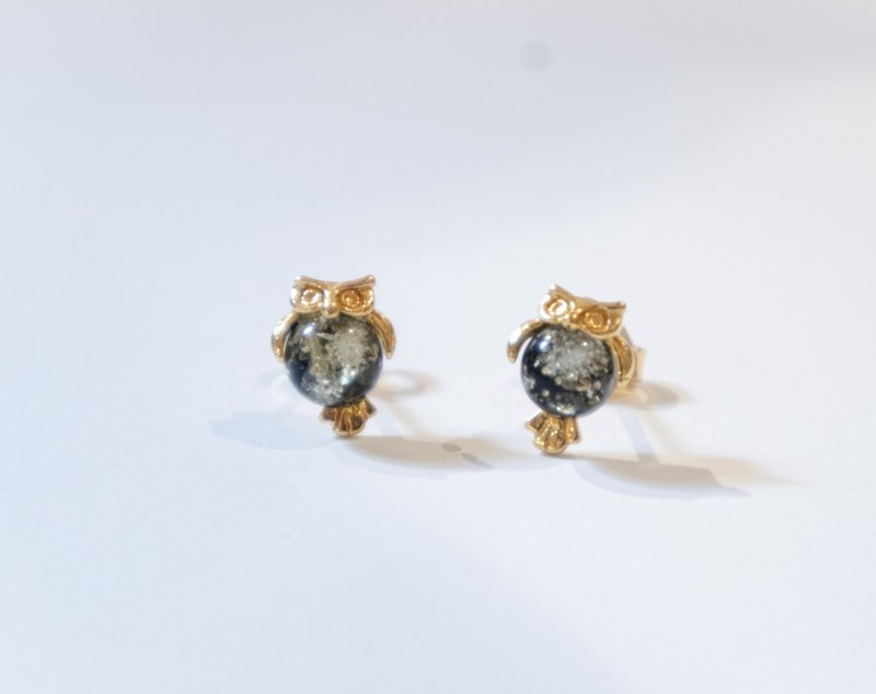 925 silver AMBER貓頭鷹 耳環。耳釘 - 耳環/耳夾/耳骨夾 - 寶石 金色