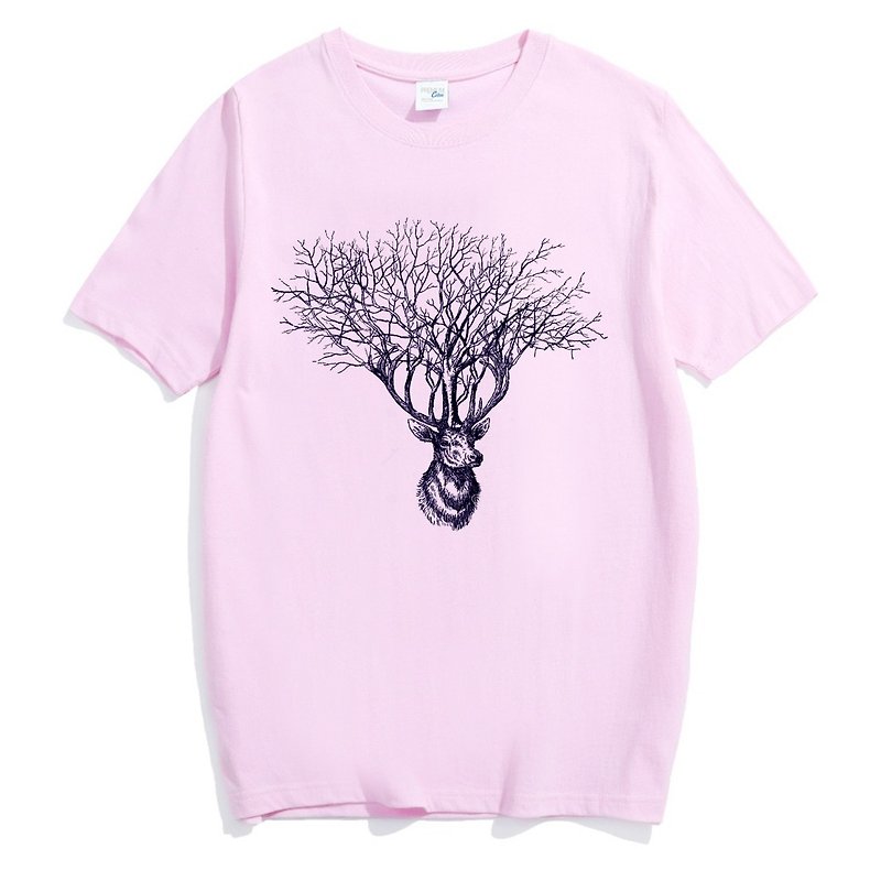 Deer Tree【現貨】短袖T恤 淺粉紅色 鹿樹麋鹿設計文青自創品牌動物 - 女上衣/長袖上衣 - 棉．麻 粉紅色