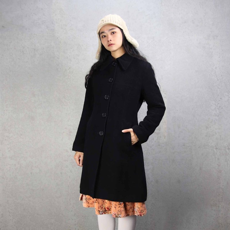Tsubasa.Y 古着屋A07 vintage wool embossed coat, wool wool long coat - Women's Casual & Functional Jackets - Wool Black