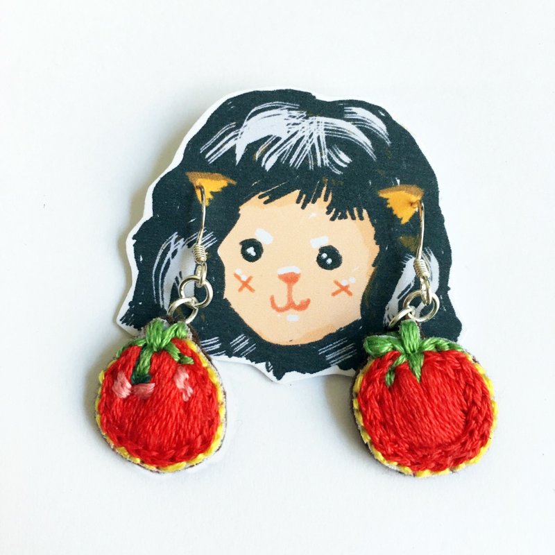 Tomato embroidery earrings - 耳環/耳夾/耳骨夾 - 繡線 
