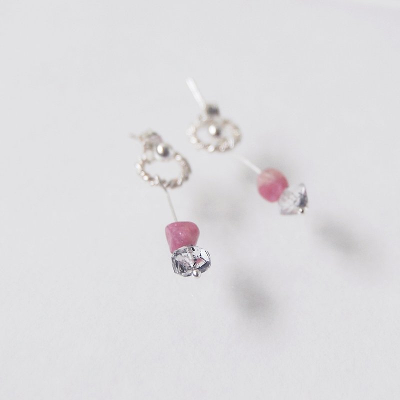Herkimer Diamond Pink Tourmaline Crystal Gemstone 925 Silver Earrings - ต่างหู - คริสตัล สีม่วง