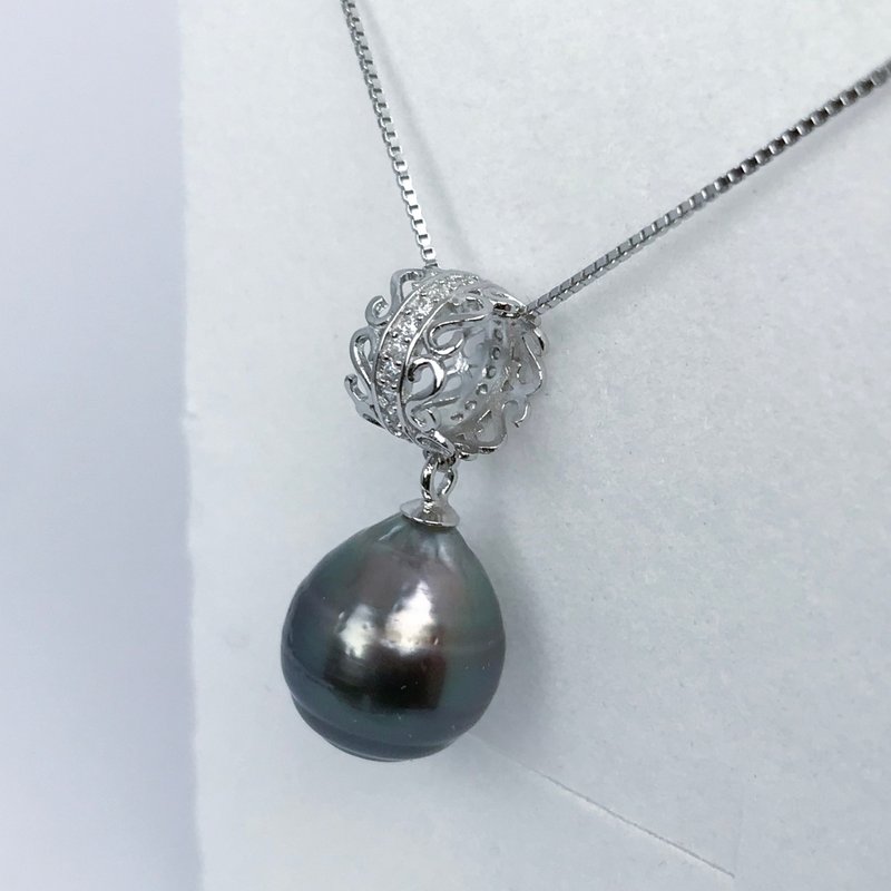 Lace Ring Natural Peacock Tahitian Drop Pearl 925 Sterling Silver 18in Necklace - สร้อยคอ - ไข่มุก สีเขียว