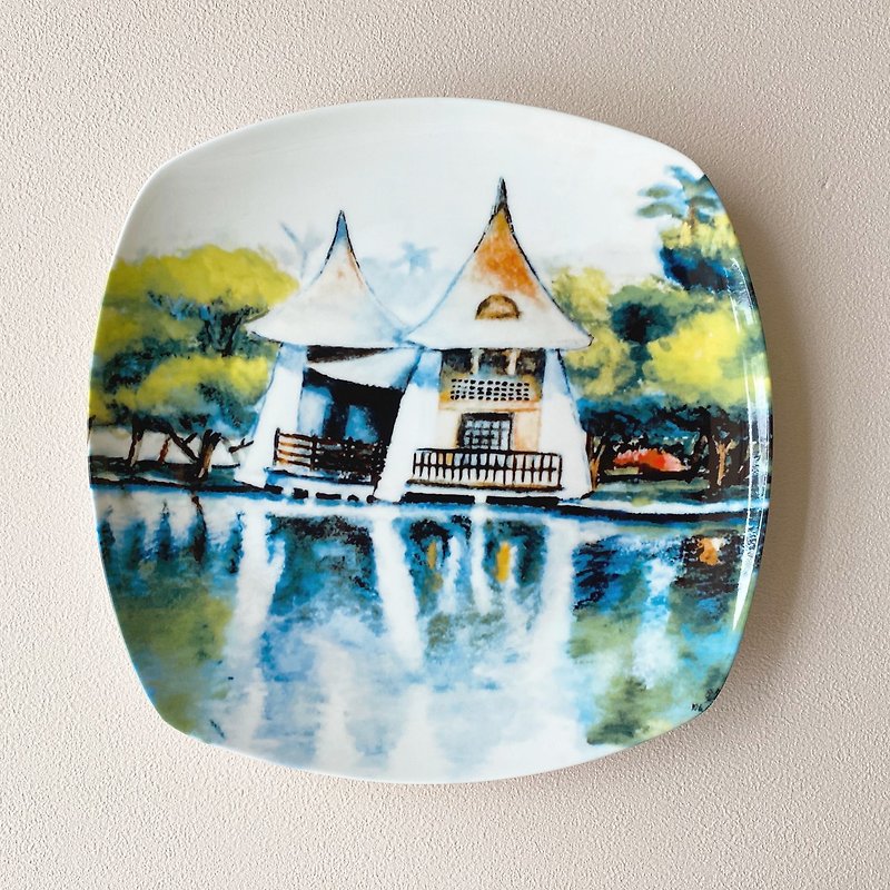 Art Porcelain Plate Huxin Pavilion Small Light Dot Gallery Art Painter-Xie Jianfeng Attached Plate Rack Exquisite Gift Box Packaging - จานและถาด - เครื่องลายคราม หลากหลายสี