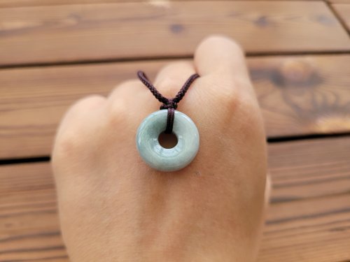 螺絲帽帽工作室 【親翠】天然翡翠 滿淡綠微漸層甜甜圈極簡個性風調整式繩鏈