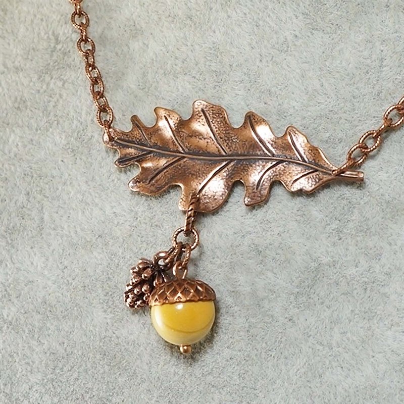 Copper Oak Leaf Acorn Pine Cone Yellow Mookaite Jasper Pendant Necklace Jewelry - 項鍊 - 半寶石 黃色