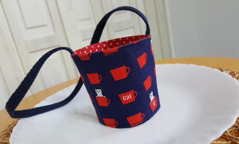Cat coffee cup Japan imported cotton ~ environmentally friendly portable bag / green cup / drink cup set - Beverage Holders & Bags - Cotton & Hemp Multicolor