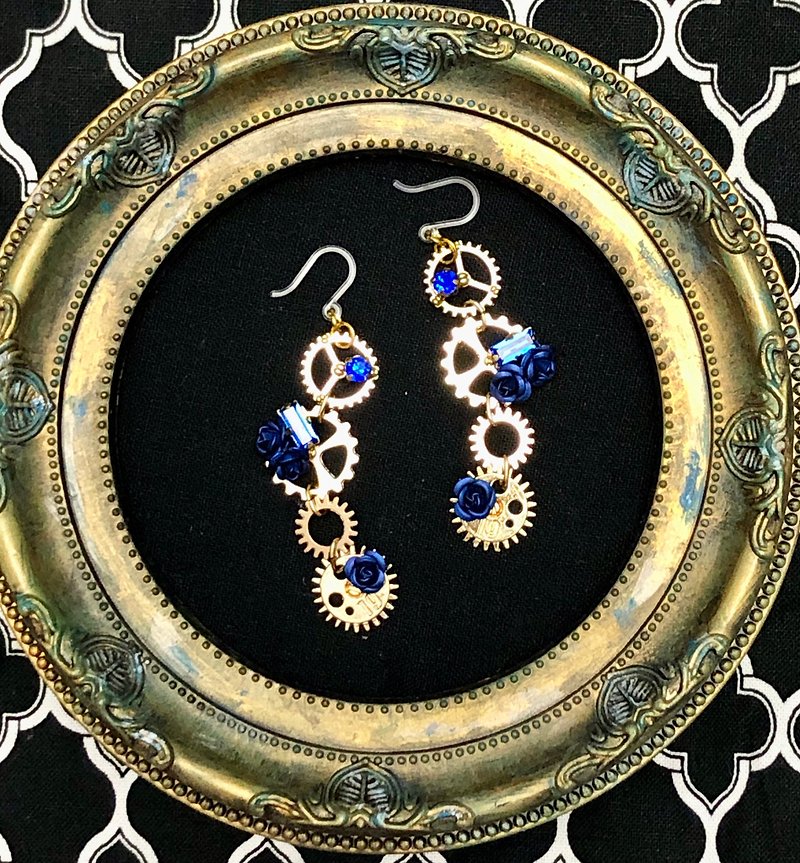 Gears and Blue Rose Earrings 2 - Earrings & Clip-ons - Other Metals Red