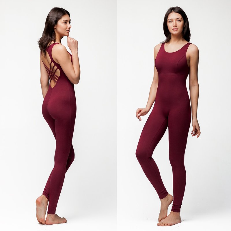 Yoga bodysuit, unitard. Organic cotton jumpsuit. Fitness suit. Yoga wear - จัมพ์สูท - ผ้าฝ้าย/ผ้าลินิน สีแดง