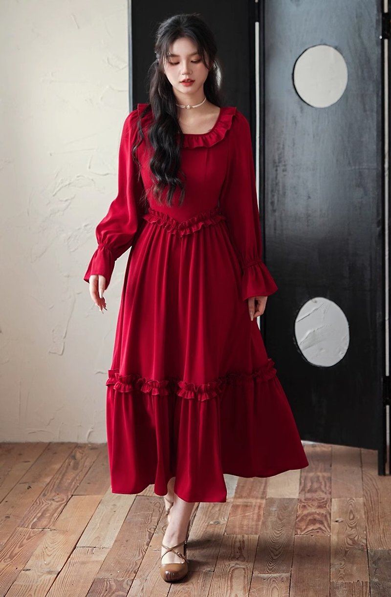 烈焰 法式復古方領連身裙 - 連身裙 - 其他材質 紅色