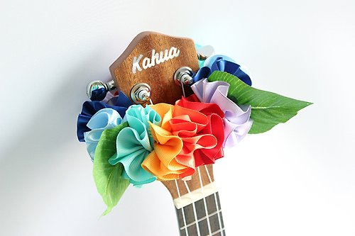 Ukuhappy (Hawaiian Ribbon Accessory) Ukulele lei / rainbow hibiscus, Ukulele gifts, Ribbon leis,