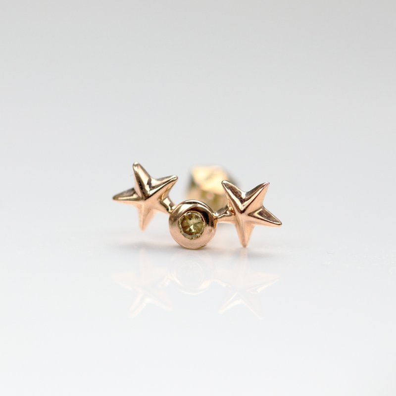 14K 雙星星鑽鎖珠耳環耳骨 耳窩 不退色 - 耳環/耳夾/耳骨夾 - 貴金屬 金色