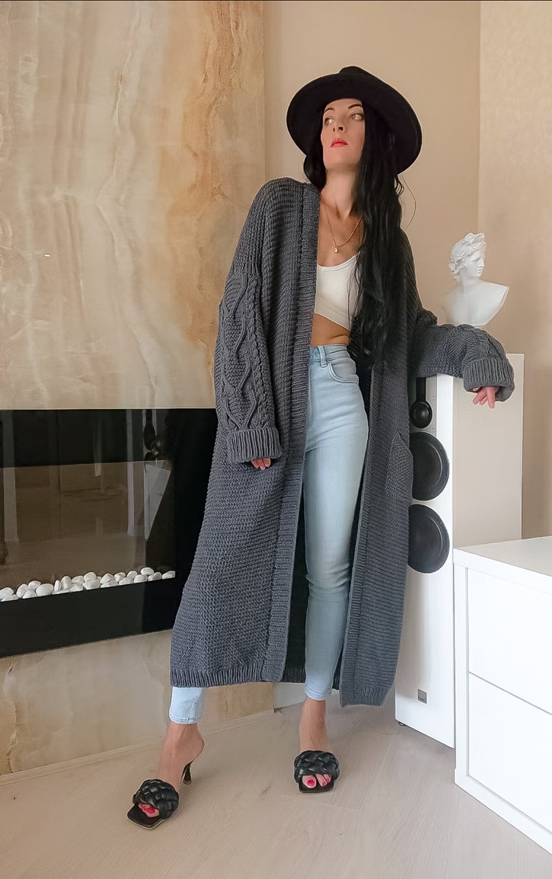 Bohemian cardigan Gray knitted coat Long sweater jacket Cotton cardigan women - 女毛衣/針織衫 - 棉．麻 