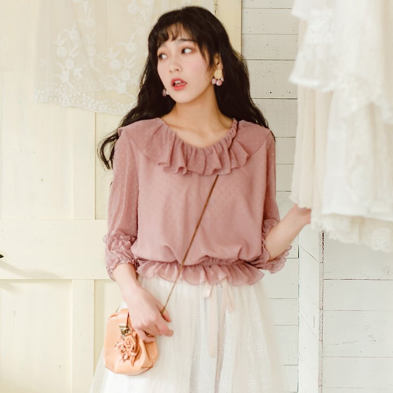 Annie Chen 2018 spring and summer new women's loose T-shirt solid color lace sleeve shirt - เสื้อผู้หญิง - เส้นใยสังเคราะห์ สึชมพู