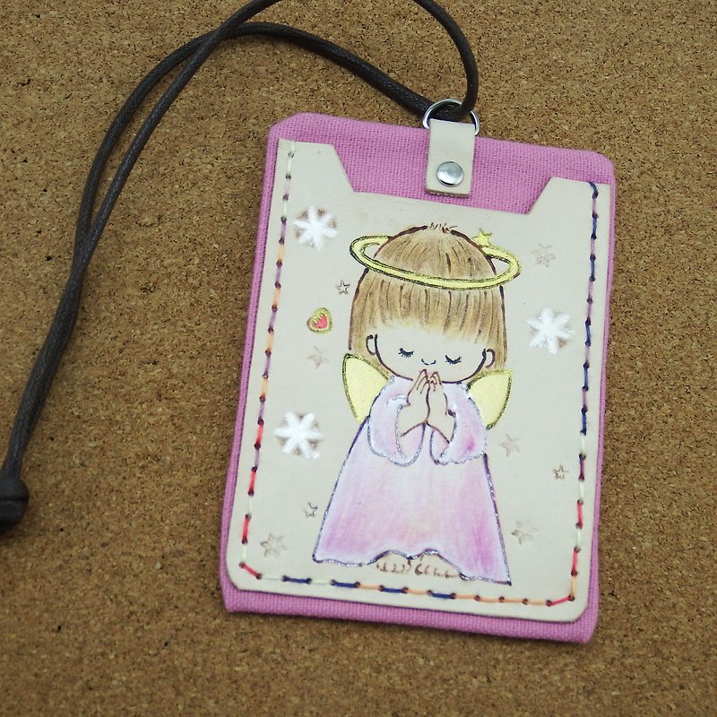 Double-layer leather card holder ID holder prayer angel - ที่ใส่บัตรคล้องคอ - หนังแท้ สึชมพู
