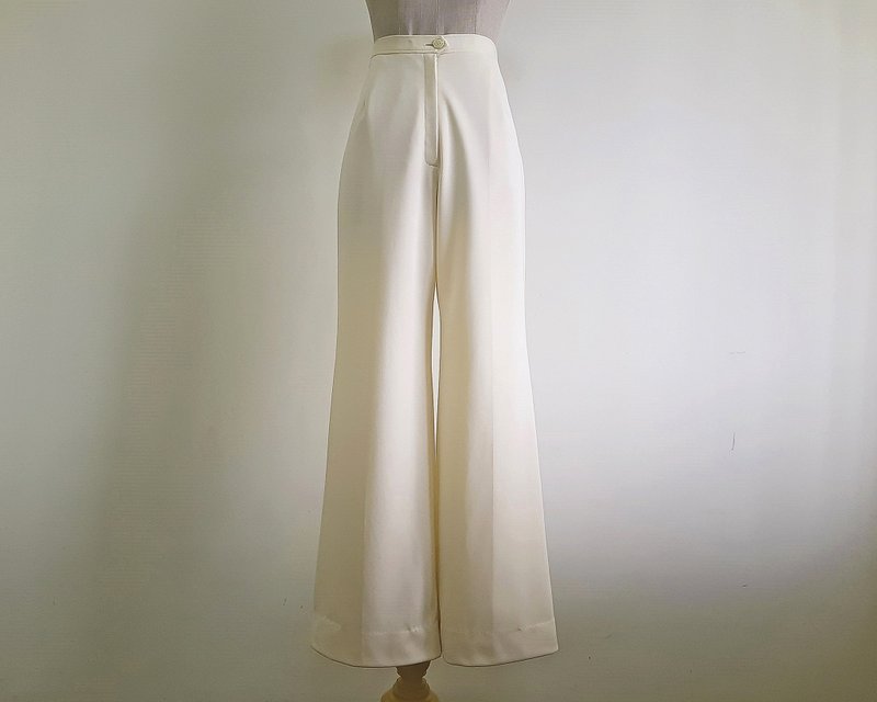 28 Waist Vintage Cream Flare Pants Womens Bell Bottom Trousers Polyester Pants M - 男長褲/休閒褲 - 聚酯纖維 