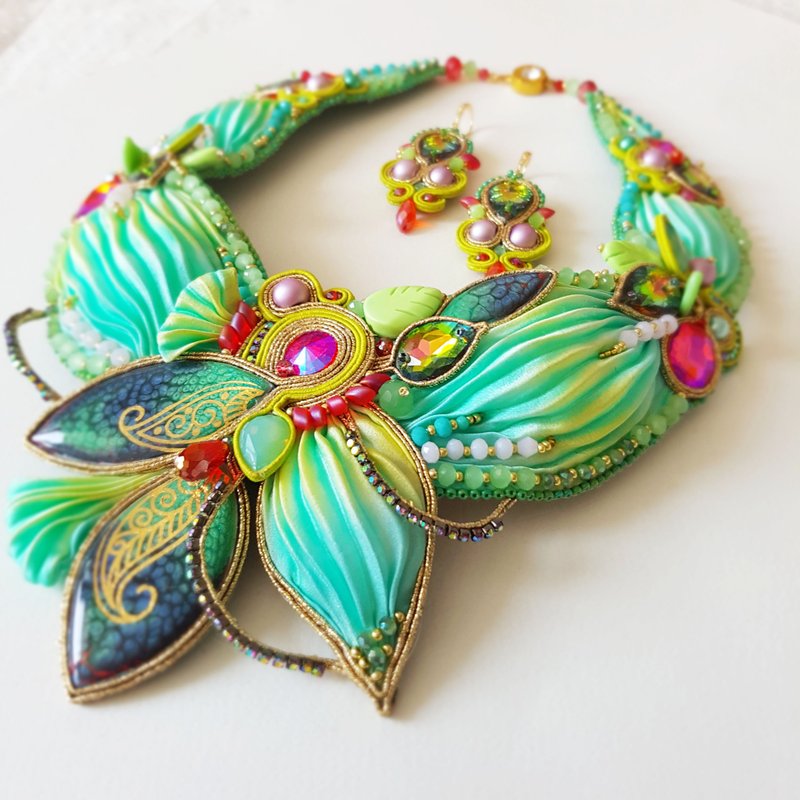 Shibori Necklace Shibori set  Soutache Necklace One of a kind jewelry set - 項鍊 - 其他金屬 綠色