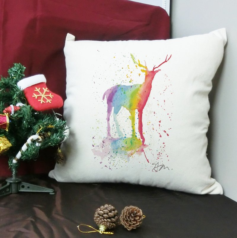 【 插畫家/ Sam】 Rainbow deer 純棉帆布抱枕-家居裝飾 - 枕頭/咕𠱸 - 棉．麻 