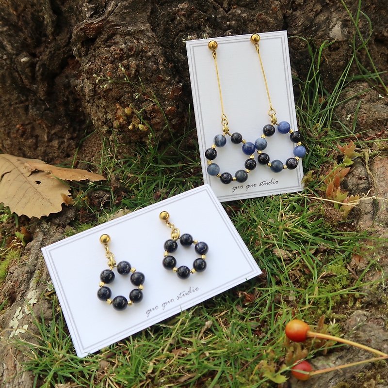 Summer Picnic Bodhi Series - Blue Sandstone Blue Stone Circle Brass Earrings Ear Clips - Earrings & Clip-ons - Copper & Brass Blue
