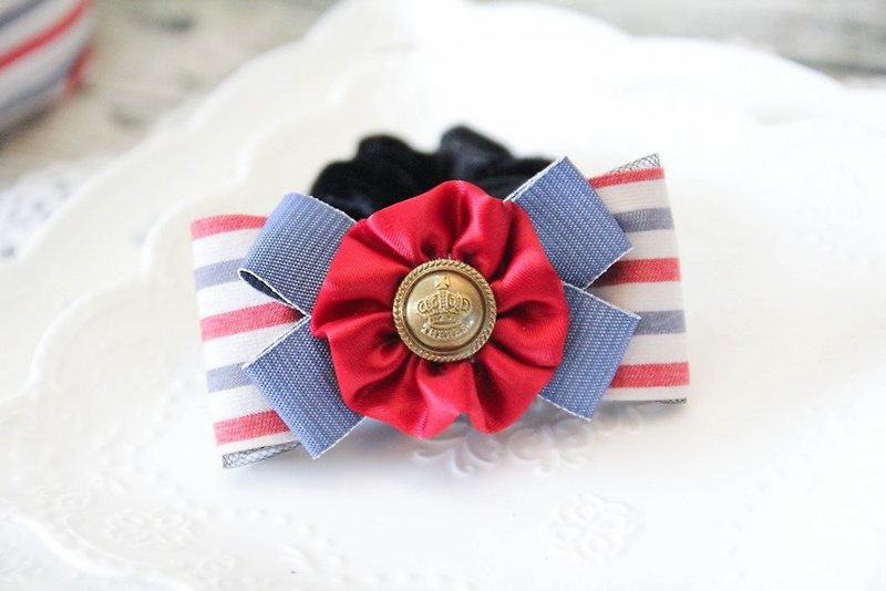 Marine wind blue red bow colorectal ring - Hair Accessories - Cotton & Hemp Blue