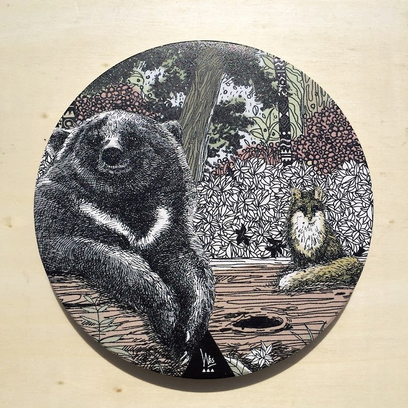 [Forest Animal Series] Guarding the Forest-Black Bear Ceramic Water Coaster - Coasters - Pottery Black