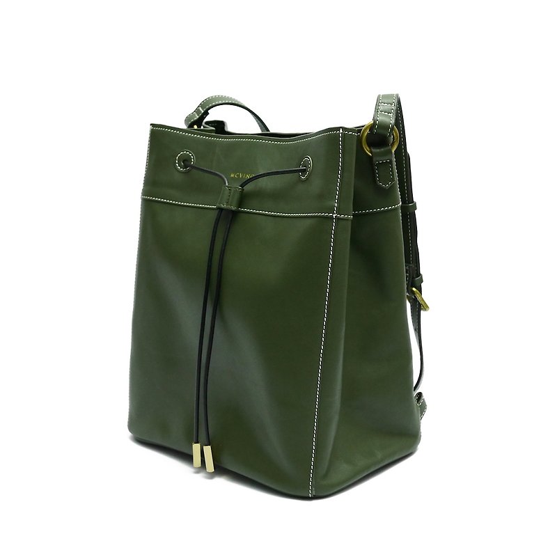 Olive Green Full Leather Electric Square Bucket Side Backpack - กระเป๋าแมสเซนเจอร์ - หนังแท้ สีเขียว