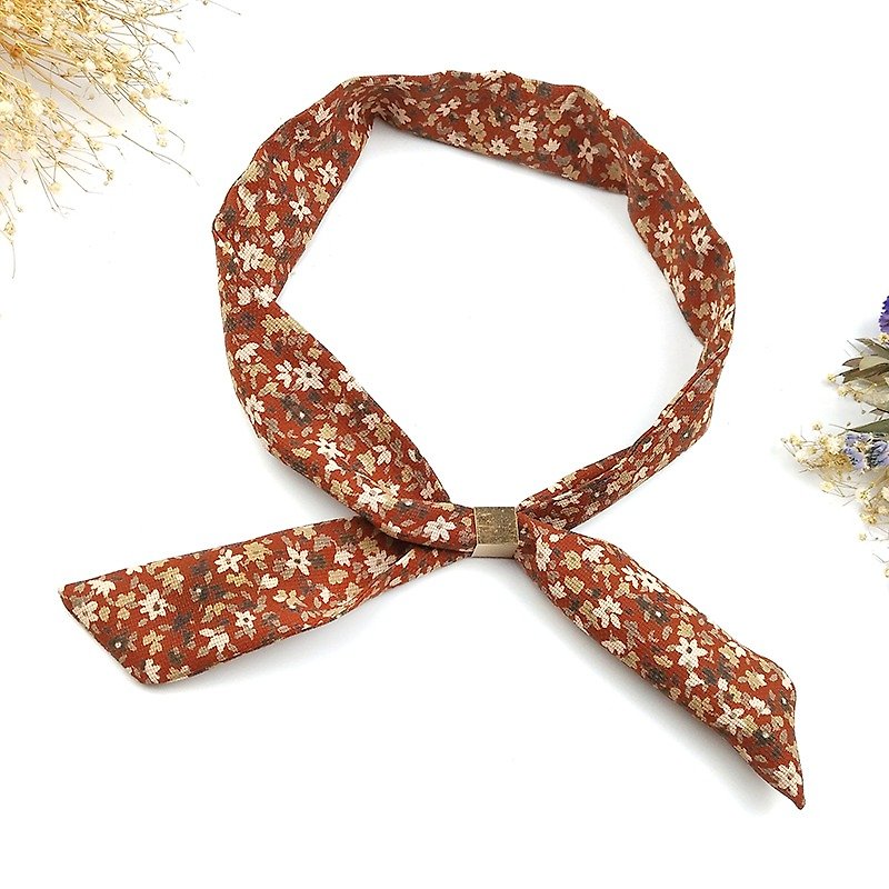 Maverick Village small scarf headband Japanese retro fresh and cute/ Brown small floral - เนคไท/ที่หนีบเนคไท - ผ้าฝ้าย/ผ้าลินิน สีแดง