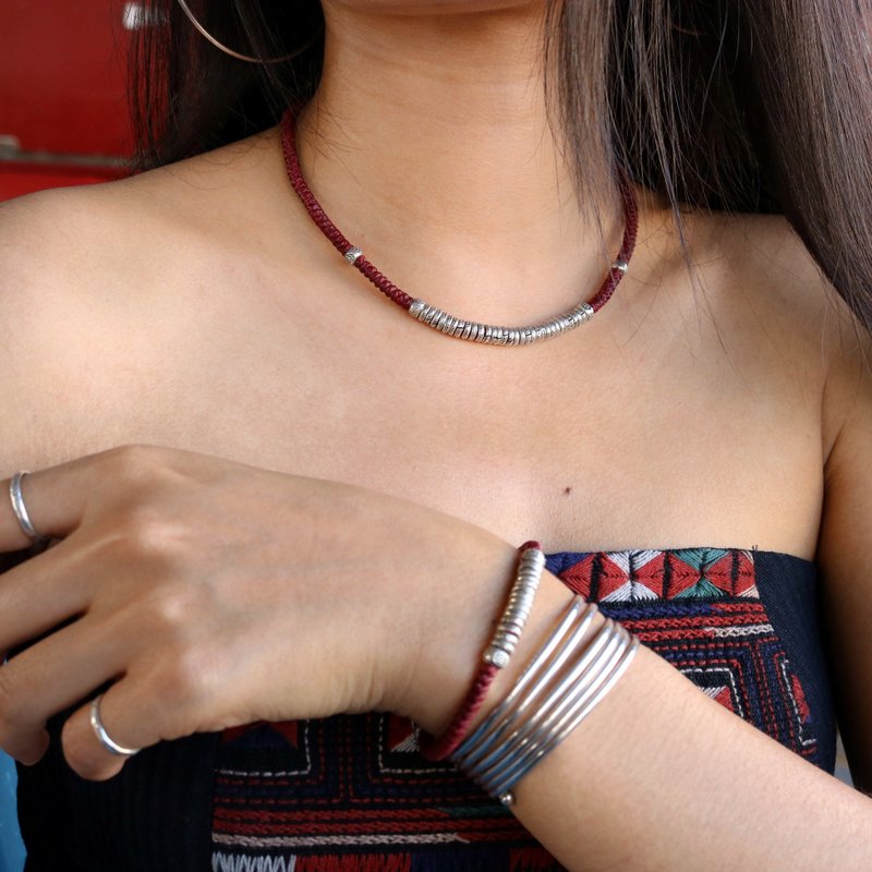 Ethnic Style Handwoven Wax Cord Choker Necklace with Karen Silver Beads - Necklaces - Sterling Silver Red