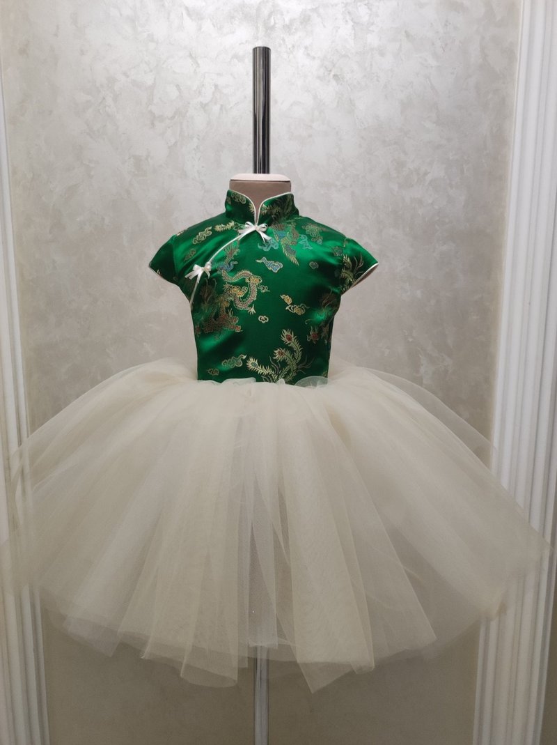 小童綠色和服緞面洋裝 象牙色裙子 - 男/女童禮服 - 其他材質 多色
