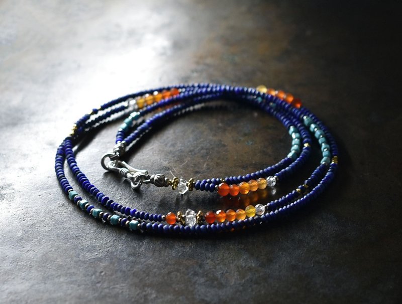 Double-strand necklace with carnelian, square turquoise, Herkimer diamonds, small lapis lazuli and Karen Silver - สร้อยคอ - เครื่องเพชรพลอย สีน้ำเงิน