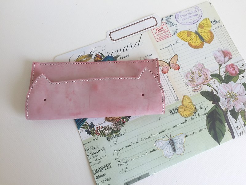 手縫いの長い革の財布をモデル化した蝋パウダー猫フォルダーをこすります - 財布 - 革 ピンク