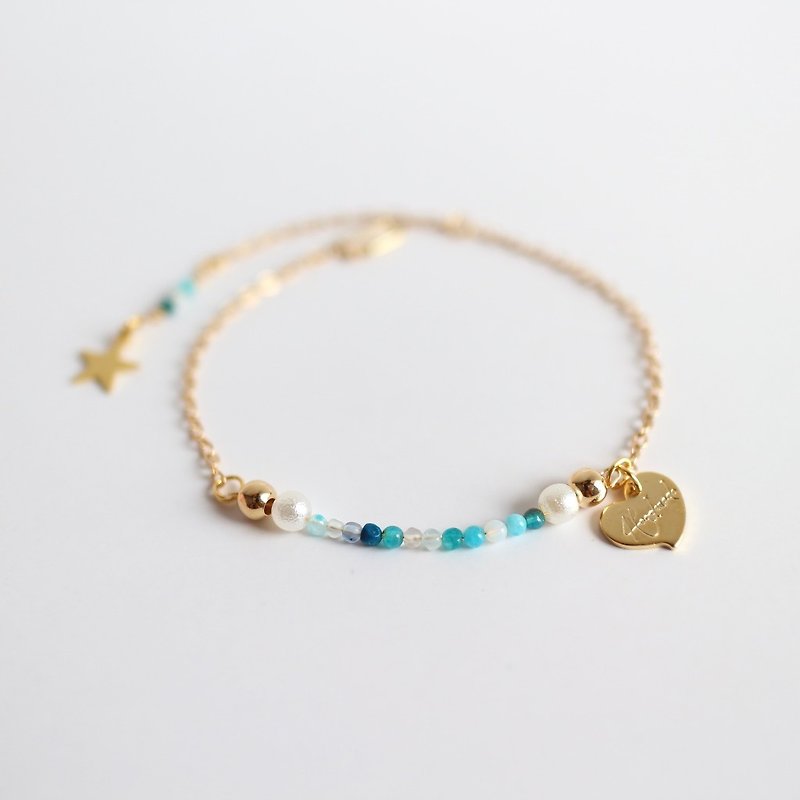 【have gift box】18kgf blue green natural stone cotton pearl simple Bracelet - Bracelets - Stone Blue