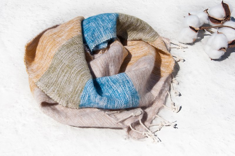 聖誕禮物純羊毛絲巾/手工針織圍巾/編織圍巾/純羊毛圍巾-藍色森林 - 絲巾 - 羊毛 多色