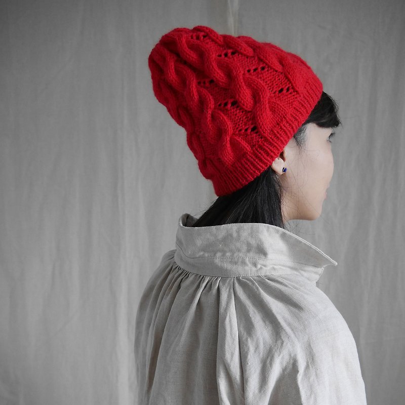 紅色羊駝毛手工棒針編織帽 適合大頭 男女適合 現貨 - 帽子 - 羊毛 紅色
