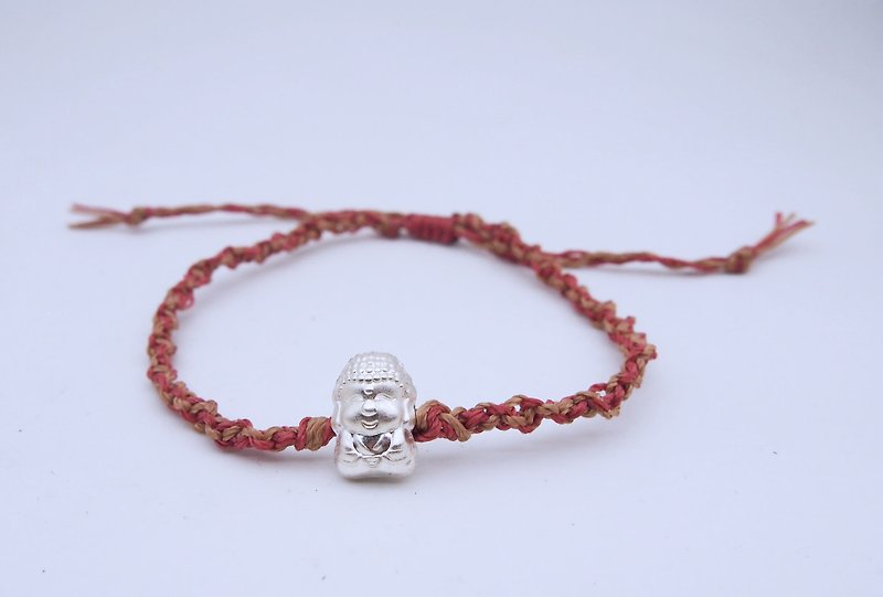 Smiling Buddha sterling silver hand-knitted bracelet - สร้อยข้อมือ - เงิน สีแดง