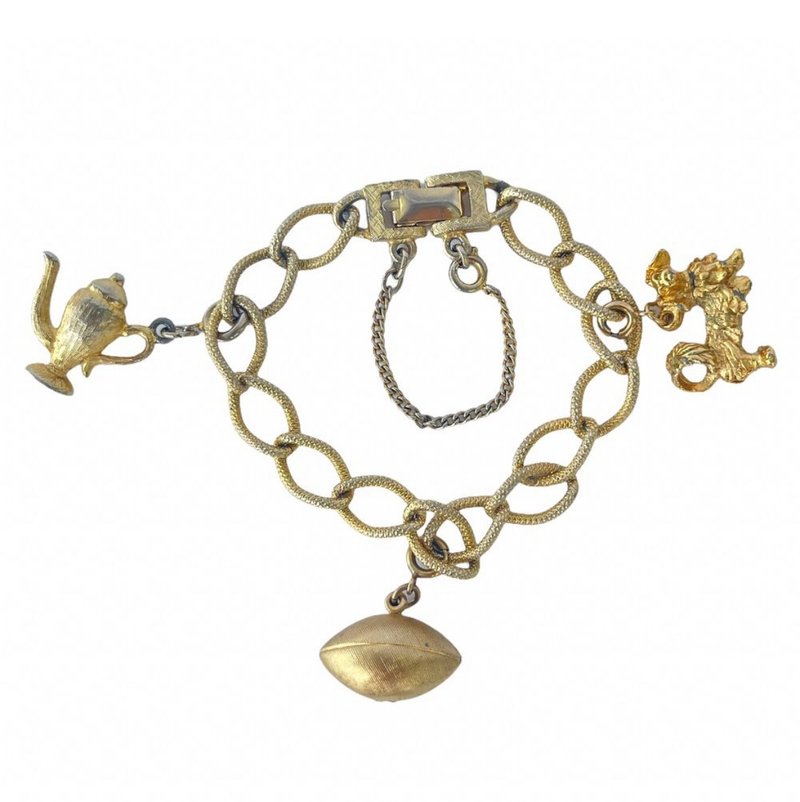 Vintage Charm Bracelet Cellini by Coro Gold-plated hang charm rare dog gift idea - 手鍊/手環 - 其他金屬 金色