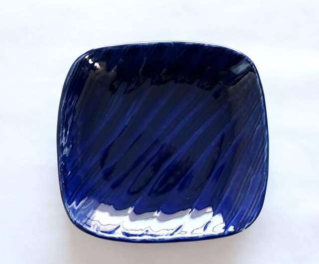 瑠璃　15cm陶板 小石原焼 小石原焼き 瑠璃櫛目陶板皿 角皿 プレート皿 19cm