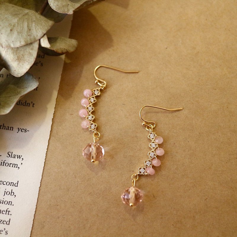 18k gold pink chalcedony natural stone gemstone beads semicircle set diamond rhinestone crystal dangle earrings hanging - Earrings & Clip-ons - Crystal Pink