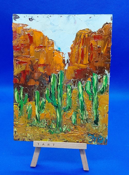 CosinessArt Cacti. Mountains. Summer. original impasto painting Vivid wall painting