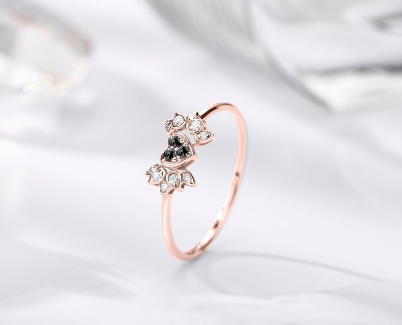 黑鑽石14k金心形訂婚戒指 獨特丘比特之翼結婚戒指 天使翅膀鑽戒 - 戒指 - 貴金屬 黑色