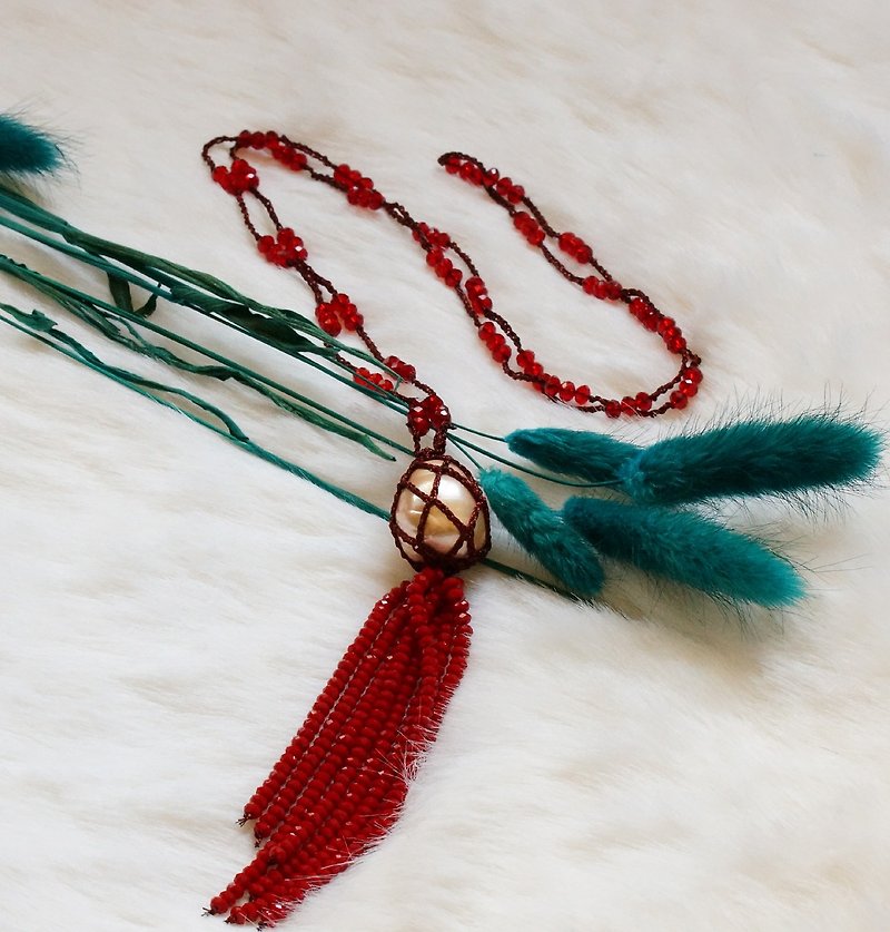 手鈎金属線珍珠吊陛項錬  - 項鍊 - 其他材質 紅色