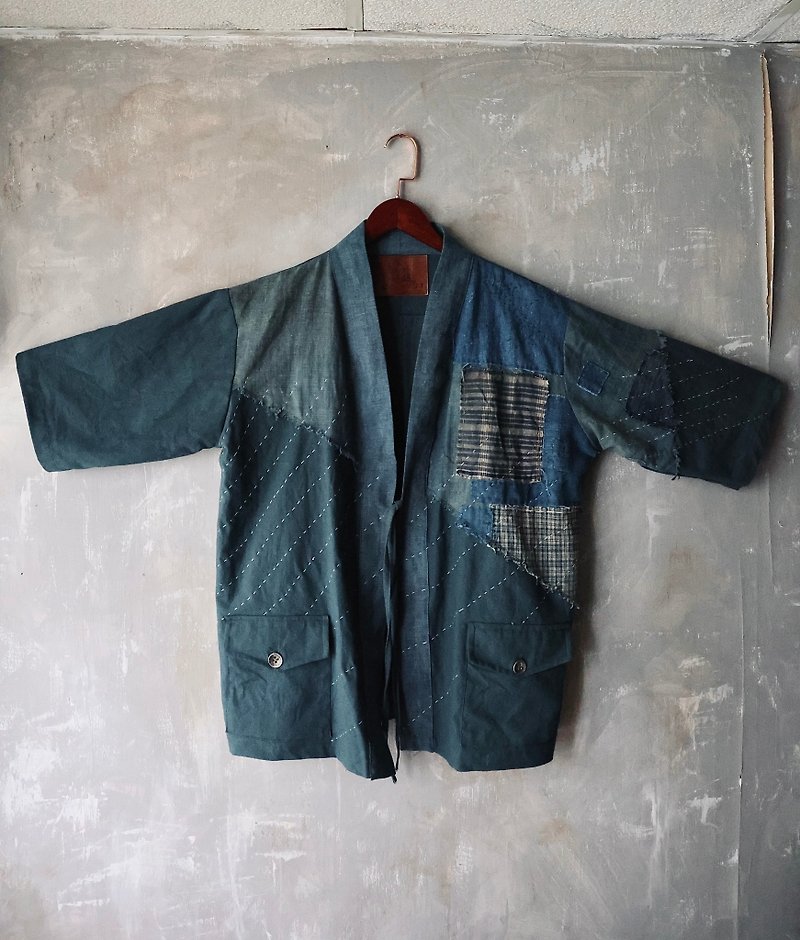 summer kimono shirt made with japan cotton + handcrafted Boro fabrics - เสื้อโค้ทผู้ชาย - ผ้าฝ้าย/ผ้าลินิน 